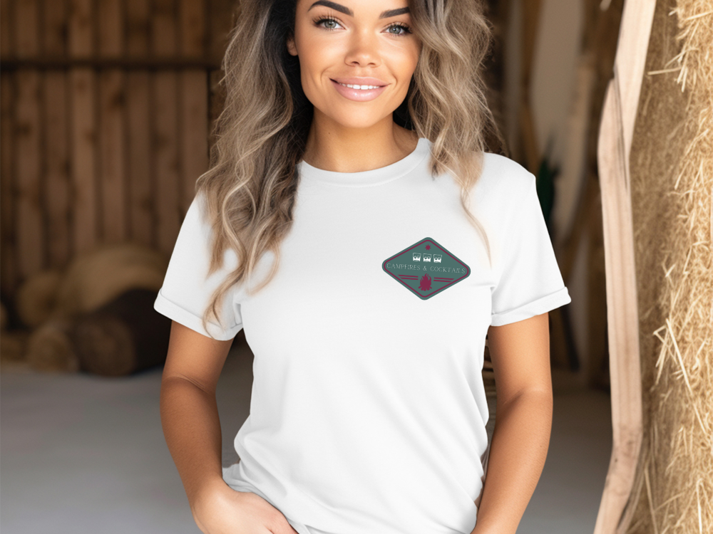 Campfires & Cocktails Badge fall t-shirt, soft, comfortable, Unisex Jersey Short Sleeve Tee